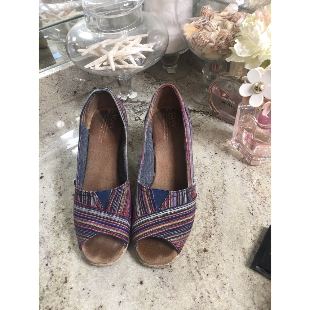 TOMS Womens 8 Aztec Boho Woven Canvas Peep Toe Espadrille Wedge Sandals Multi